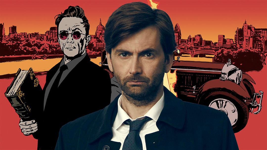 el actro David Tennant sobre un dibujo de Good Omens.