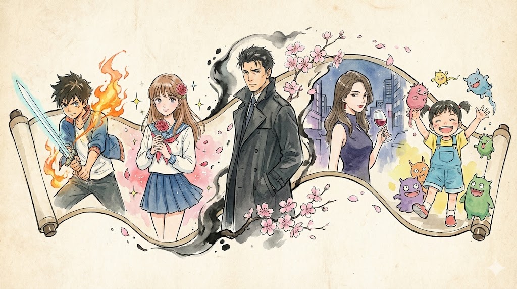 Ilustración estilo acuarela de Peach Momoko mostrando personajes arquetípicos de las cinco principales demografías de anime: Shonen, Shojo, Seinen, Josei y Kodomo, sobre un pergamino japonés