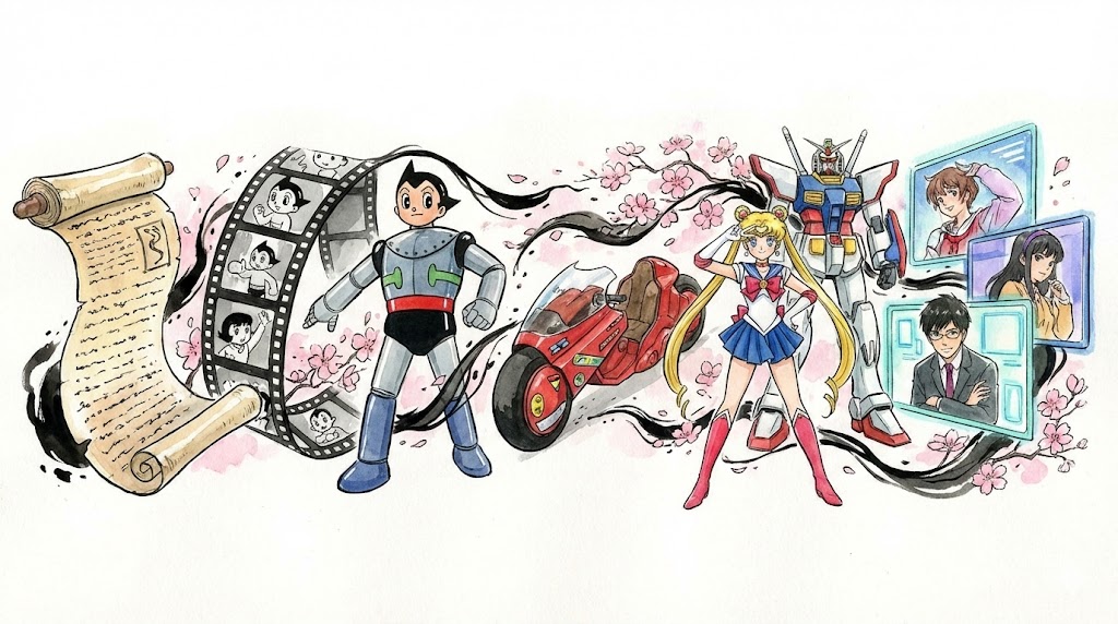 Ilustración de línea de tiempo de la historia del anime, desde rollos antiguos y película hasta personajes icónicos y pantallas digitales, en estilo acuarela