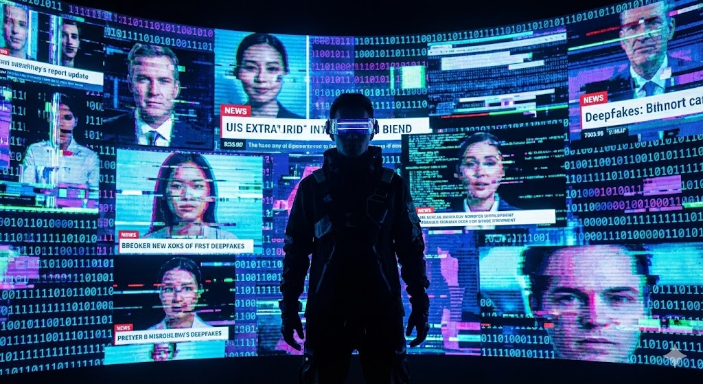 Silueta de una persona con indumentaria tecnológica futurista observando un muro gigante de pantallas digitales distorsionadas con rostros y códigos corruptos.