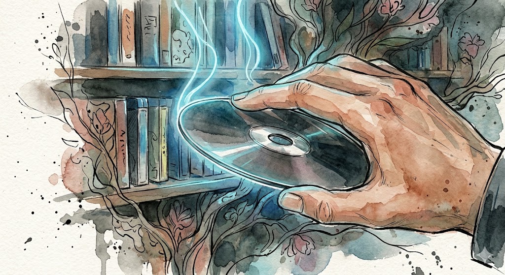 La muerte de la propiedad digital: Por qué la resistencia exige volver al formato físico 20 Por qué volver al formato físico películas Ilustración estilo anime de una mano sosteniendo un disco de DVD, con un librero con cajas de discos y películas de fondo