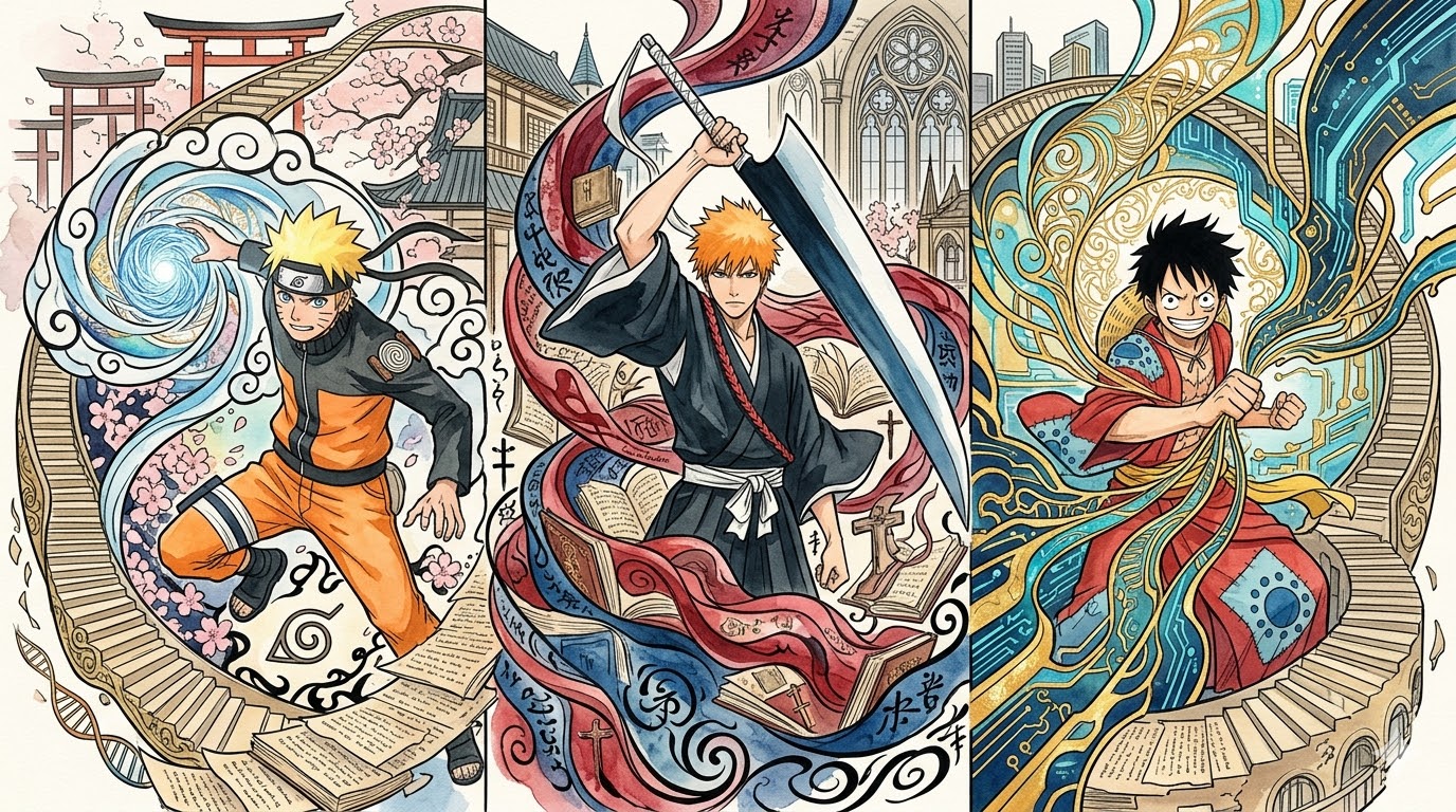 Guía de visualización para "Los Tres Grandes" del anime: Cómo sobrevivir a Naruto, Bleach y One Piece 13 Esta imagen de portada, libre de texto como se solicitó, sirve de resumen visual de "Los Tres Grandes". Se presenta como una composición de tríptico vertical de 16:9 que divide el encuadre en tres secciones, cada una representando a uno de los personajes principales: Naruto Uzumaki a la izquierda, Ichigo Kurosaki en el centro y Monkey D. Luffy a la derecha. El estilo es el de Peach Momoko, con lavados de acuarela y líneas de tinta nítidas. Naruto genera un Rasengan, Ichigo levanta su Tensa Zangetsu y Luffy sonríe alegremente. El fondo es una mezcla de arquitectura japonesa y europea con motivos estilizados. La composición es orgánica, equilibrada y compleja.