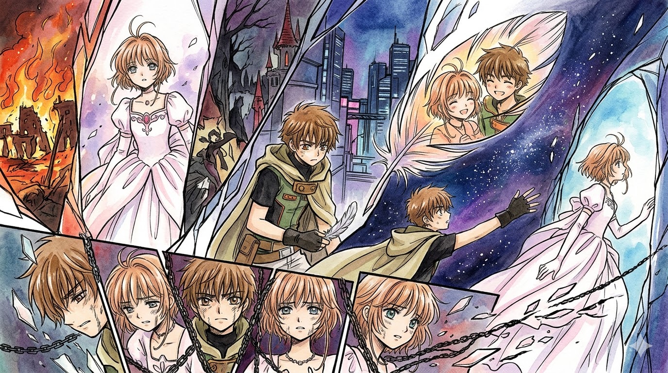 Esta imagen de portada, libre de texto como se solicitó, sirve de resumen visual de la "disonancia cognitiva" y la complejidad que menciona el artículo. Se presenta como una composición de 16:9 con un split vertical explícito y arremolinado. A la izquierda, el mundo oscuro, visceral y deprimente de Tsubasa Reservoir Chronicle (El Viaje), ilustrado con patrones ukiyo-e de angustia y la Unidad-01 de TV original (en su forma de Lilith/Rei de image_36.png, pero adaptada a CLAMP), generando energía estática azul y carmesí. A la derecha, el mundo misterioso, andrógino y moderno de xxxHolic (El Centro de Operaciones), ilustrado con neones surrealistas, alta costura, y la Bruja Yuuko Ichihara (image_50.png) y Watanuki. Una línea central, como un ADN roto, los separa, llena de sutiles iconografías de la franquicia y el "Círculo del Karma" que menciona el texto.