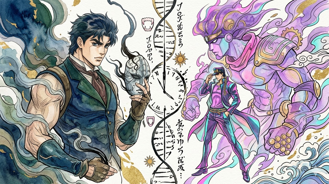 Esta ilustración sirve de portada y resumen visual. Muestra la rivalidad y el legado. A la izquierda, un retrato de Jonathan Joestar de Phantom Blood, en tonos clásicos de azul y marrón victoriano, sosteniendo la Máscara de Piedra. Él representa el linaje fundacional. A la derecha, un retrato de Jotaro Kujo y su Stand, Star Platinum, en los colores neón surrealistas y la alta costura andrógina que menciona el texto. Una línea central, como ADN roto, los separa, llena de sutiles iconografías de la franquicia. Es explícita en su contenido pero altamente artística en su composición.