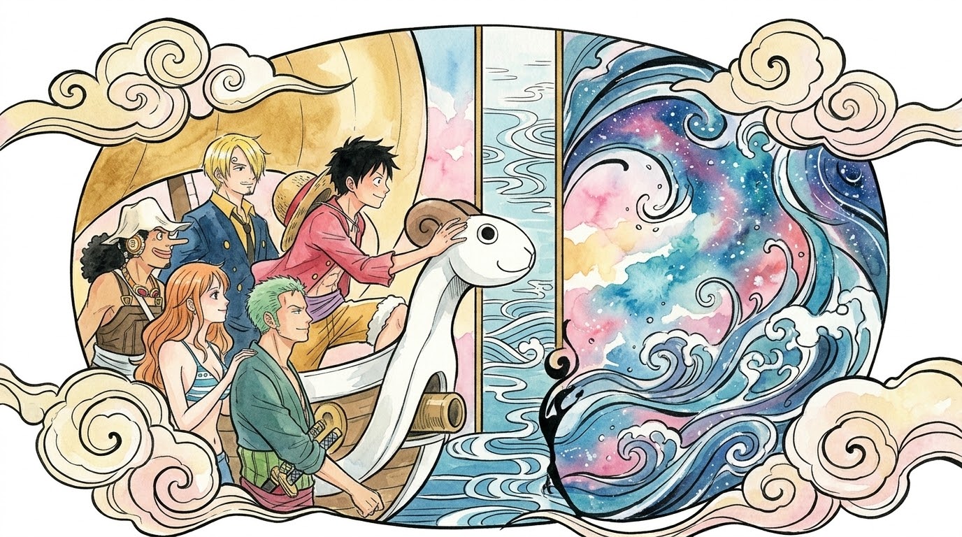 One Piece: La guía definitiva y masiva de arcos y sagas (Cómo sobrevivir a más de 1000 episodios sin spoilers) 14 Esta imagen, libre de texto como solicitaste, sirve de portada y captura la esencia del inicio de la aventura y el vínculo fundacional de la tripulación en el East Blue. Muestra a los cinco miembros fundadores agrupados alrededor del mascarón de proa del Going Merry, tocándolo y mirando hacia un mar arremolinado con patrones de acuarela y nubes japonesas tradicionales, que simbolizan el Grand Line y el destino compartido. Guía de arcos One Piece